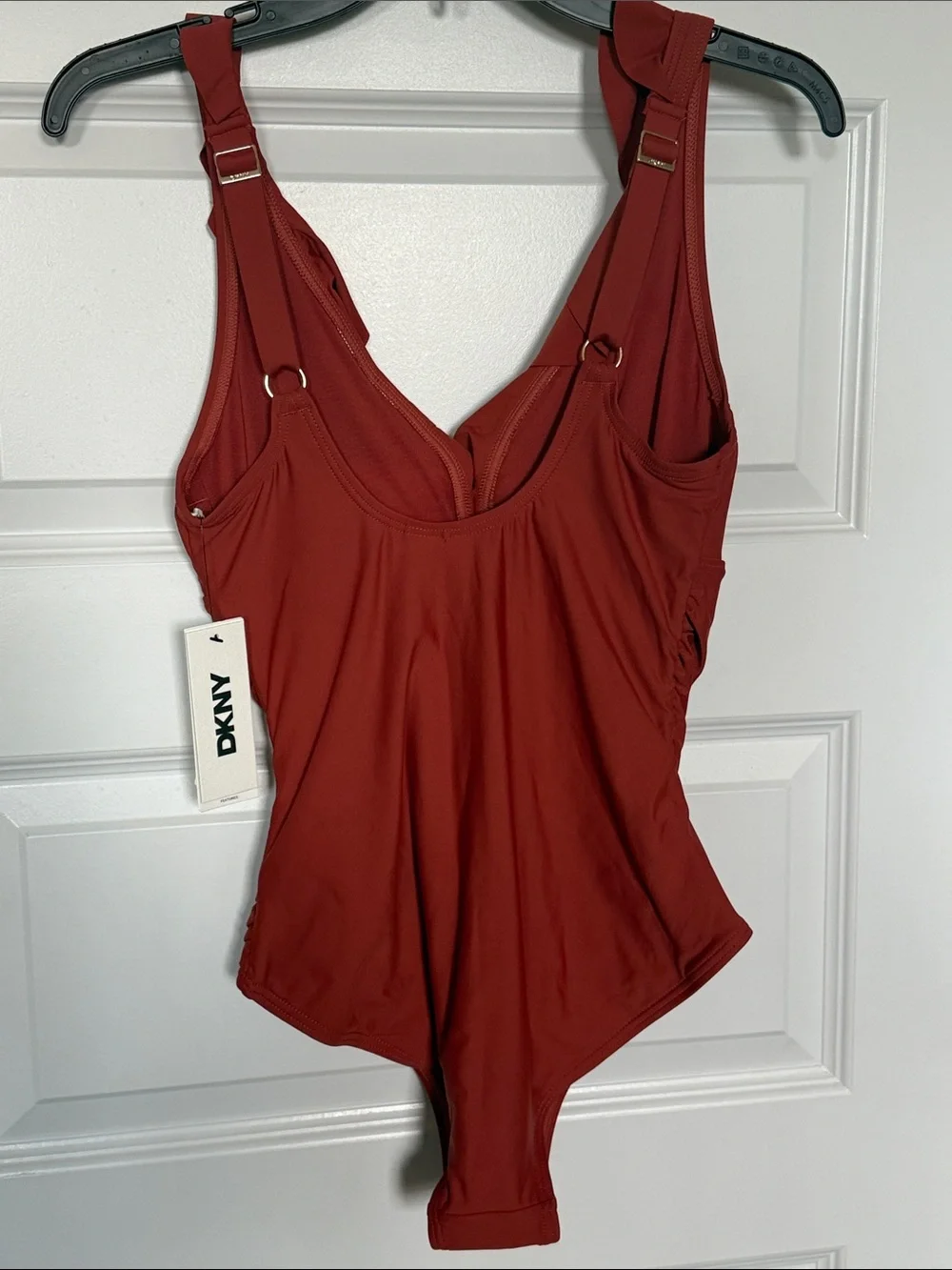 NWT DKNY Rust Ruffle V-Neck One-Piece Swimsuit Sz small - Picture 6 of 9